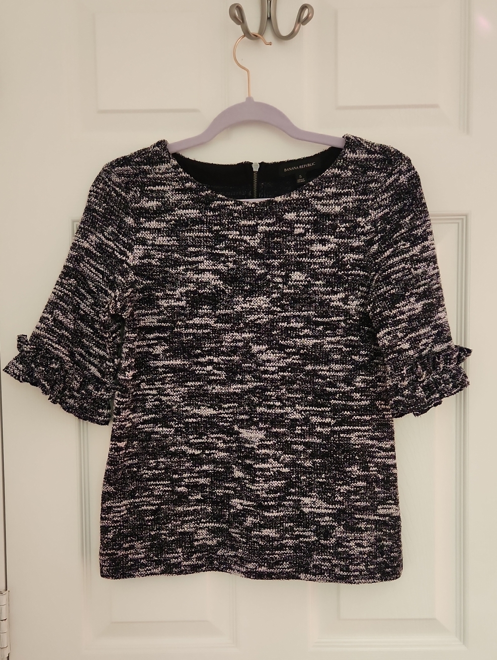 Banana Republic Black and White Marled Ruffle-Sleeve Knit Top